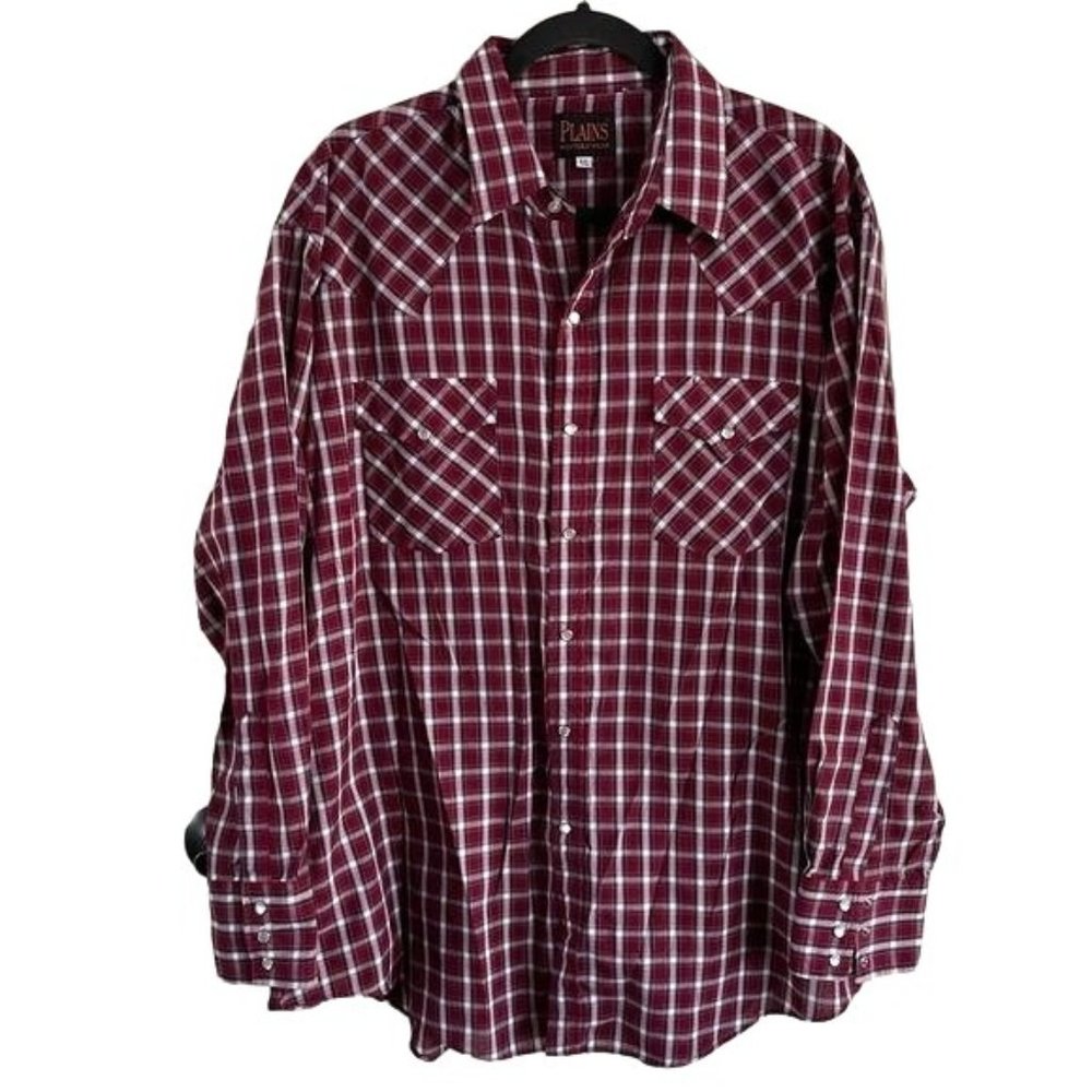 Plains Western Wear Pearl Snap Men’s Red Plaid Long Sleeve Shirt, Sz XL